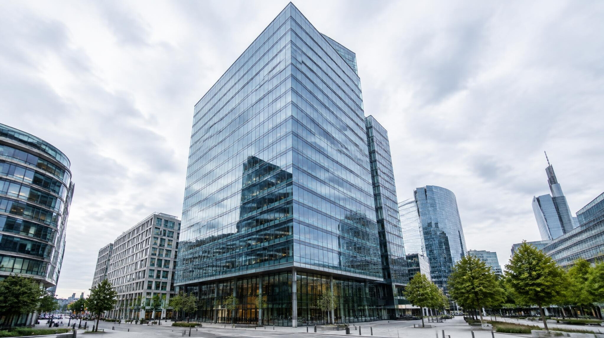 Modern glass office building in a European business district