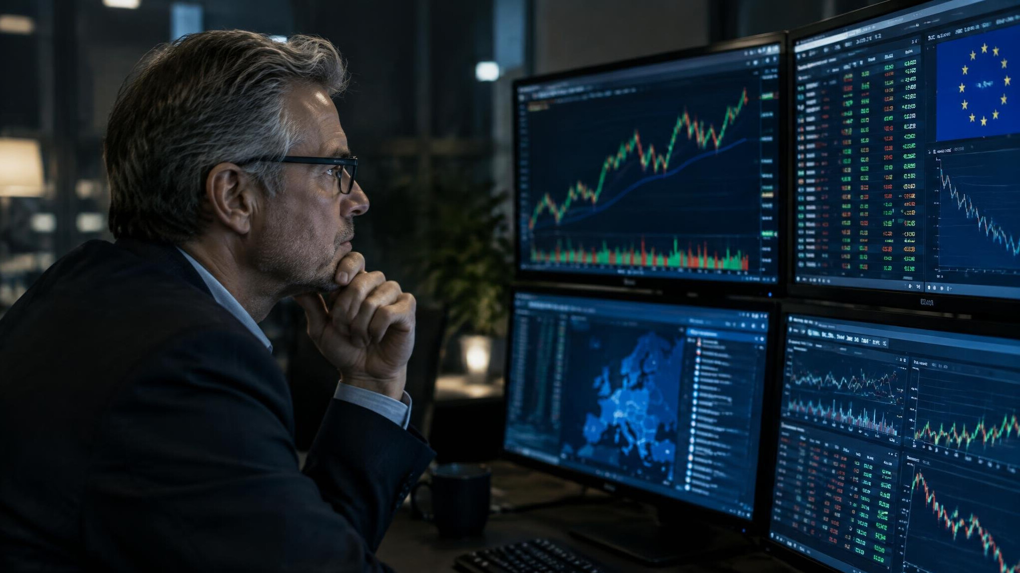 Economist analyzing financial data on multiple screens