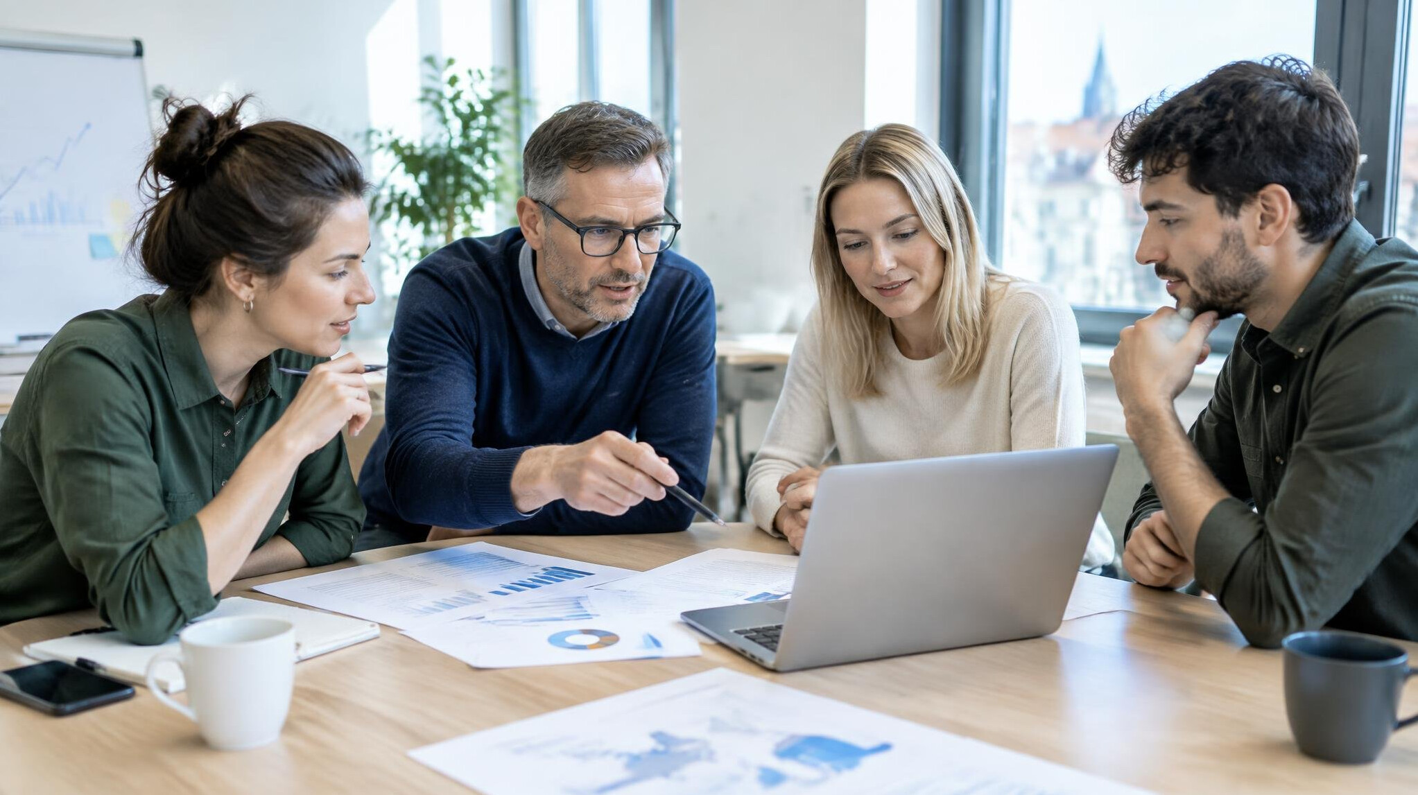 Small team of analysts discussing around a table with documents
