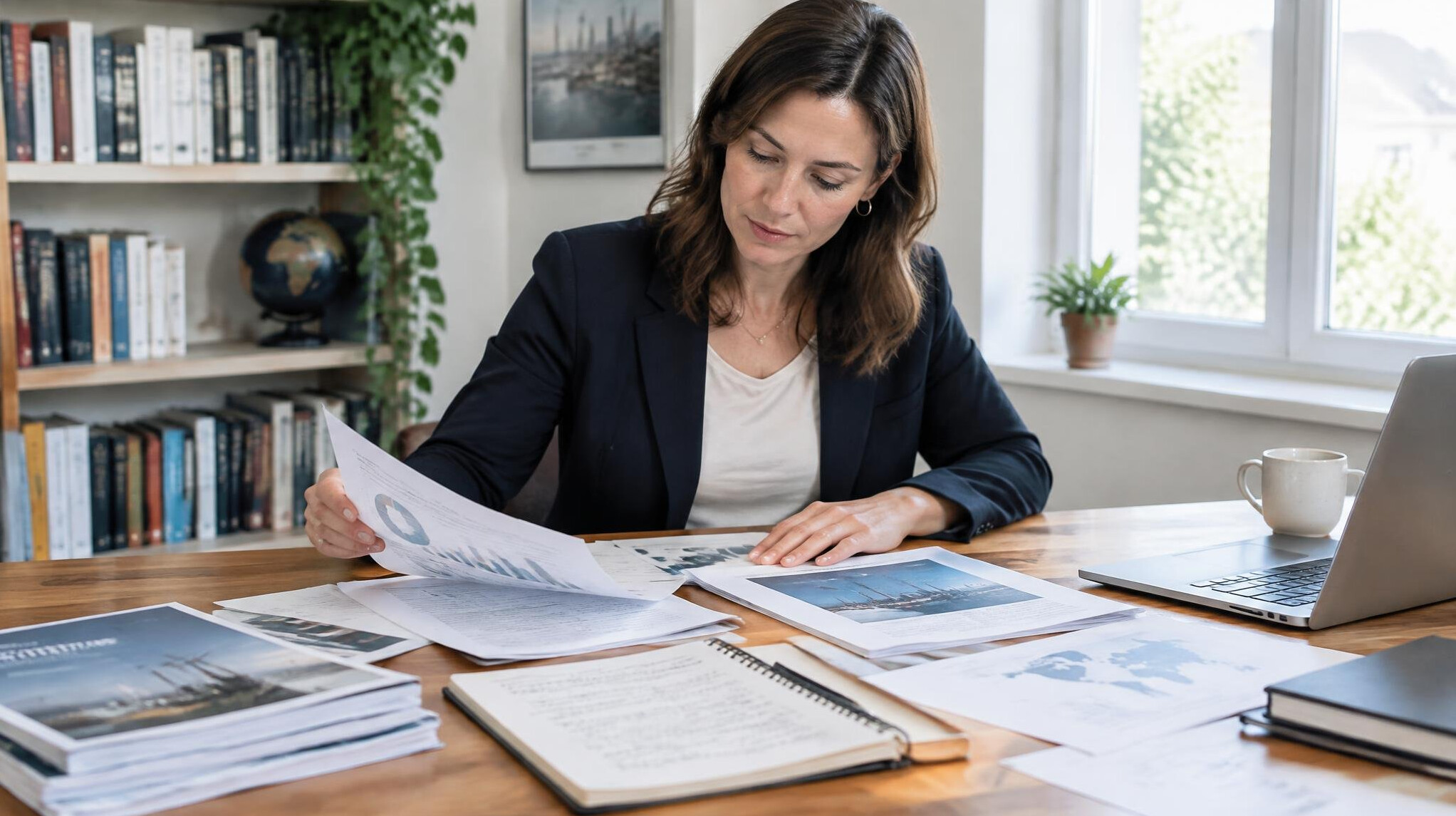 Researcher organizing printed industry reports on a desk