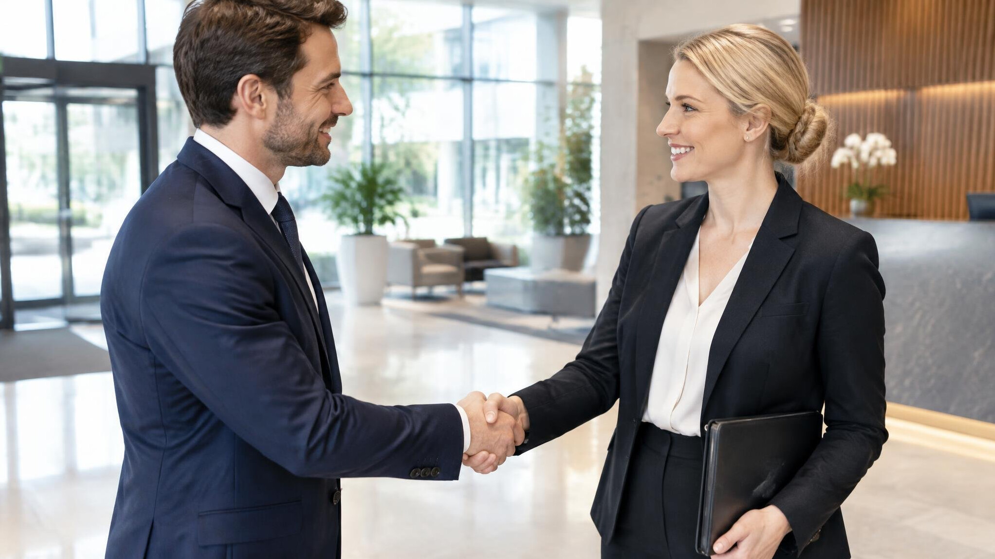 Two business professionals shaking hands after a meeting