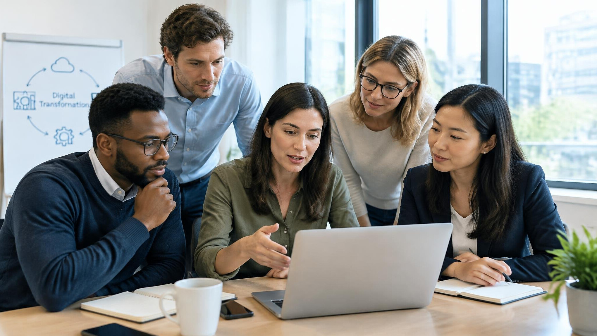 Diverse team of Belgian professionals discussing digital strategy around a laptop